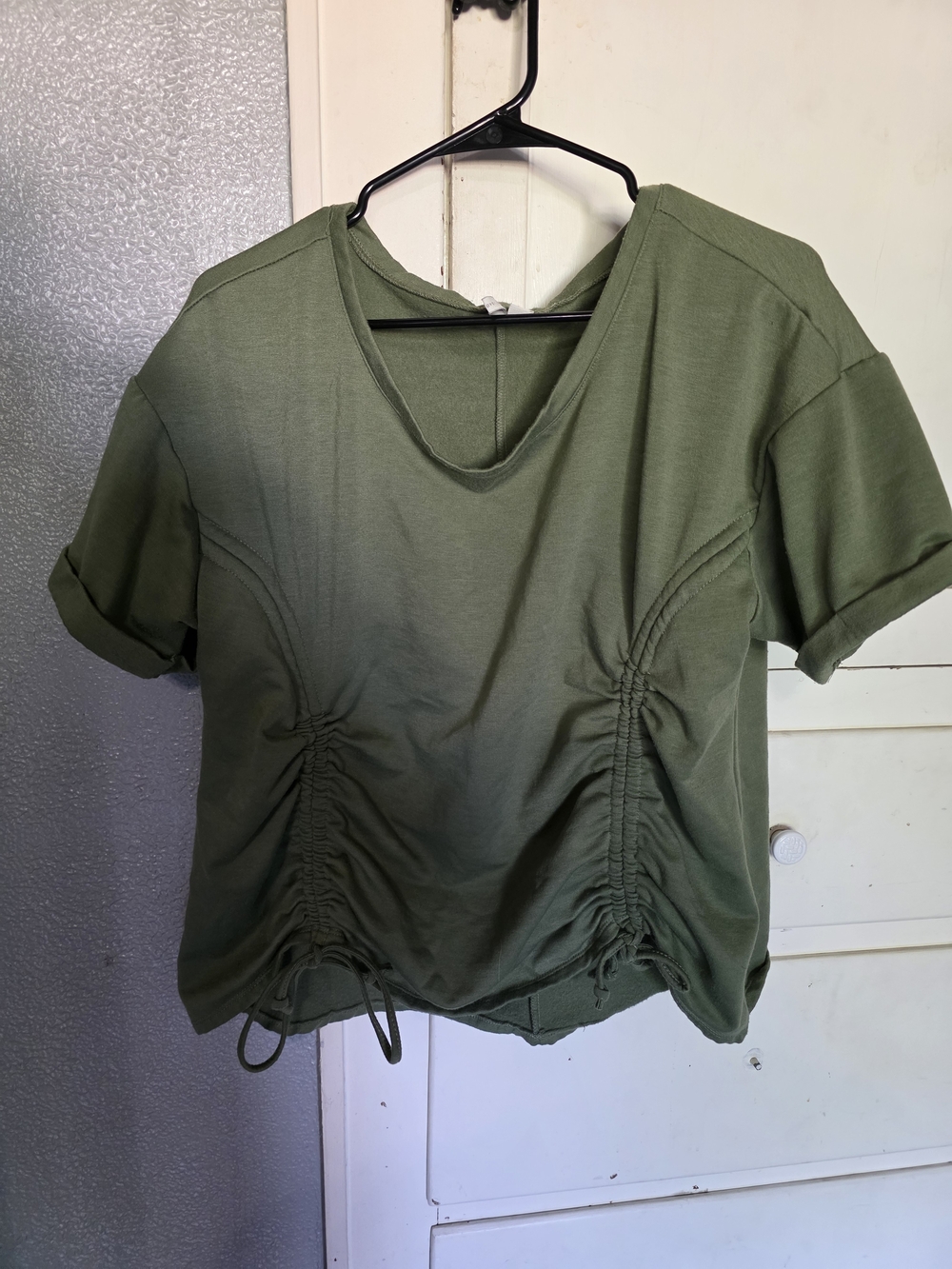 Cato Olive Green Short Sleeve Ruched Drawstring Top